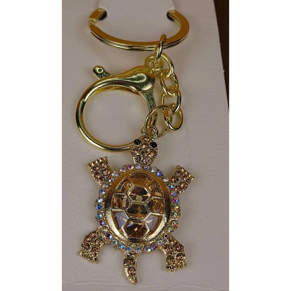 Turtle Gold Rhinestone‎ Crystal Gold Tone Keychain Backpack Purse Clip - Picture 2 of 7